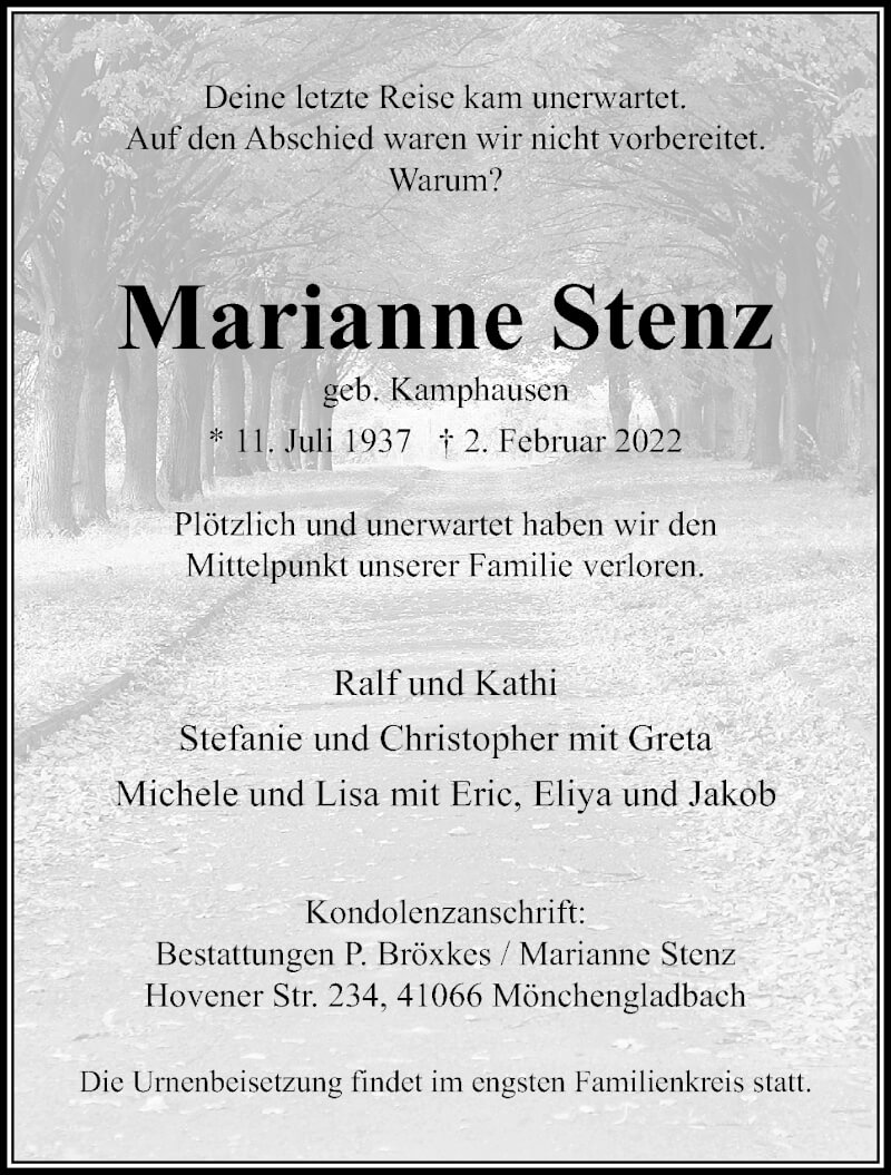  Traueranzeige für Marianne Stenz vom 06.02.2022 aus trauer.extra-tipp-moenchengladbach.de