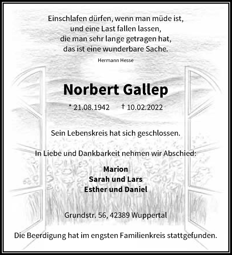  Traueranzeige für Norbert Gallep vom 19.02.2022 aus trauer.wuppertaler-rundschau.de