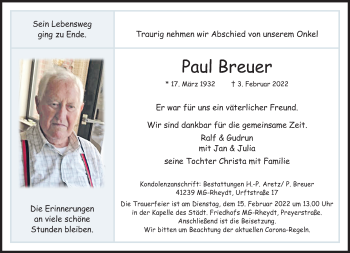 Traueranzeige von Paul Breuer von trauer.extra-tipp-moenchengladbach.de