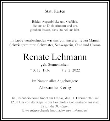 Traueranzeige von Renate Lehmann von trauer.wuppertaler-rundschau.de
