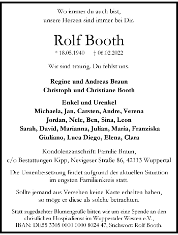 Traueranzeige von Rolf Booth von trauer.wuppertaler-rundschau.de