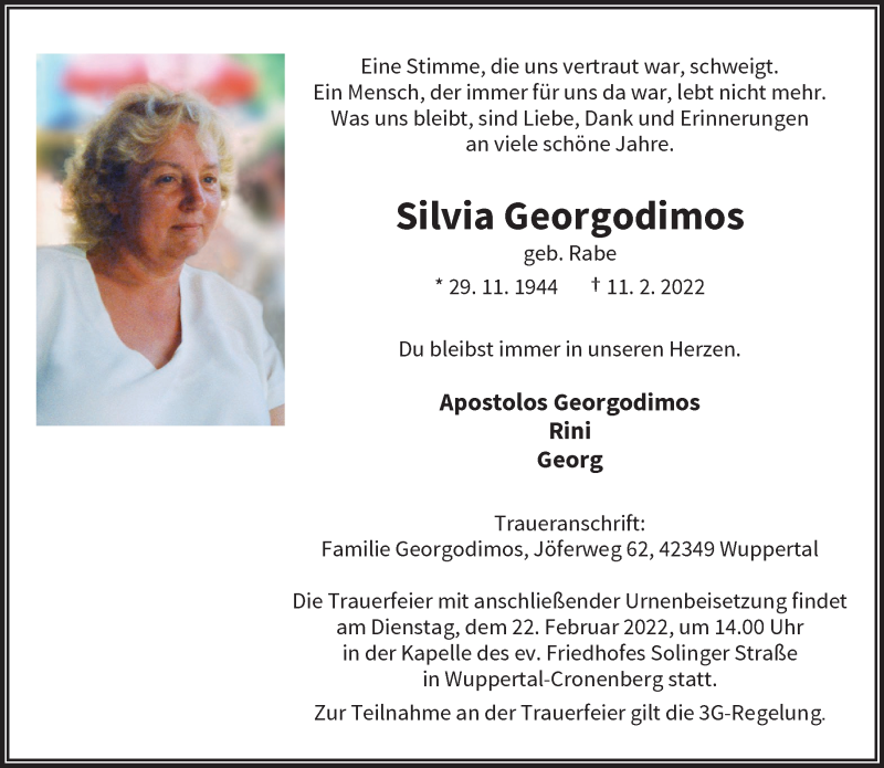  Traueranzeige für Silvia Georgodimos vom 19.02.2022 aus trauer.wuppertaler-rundschau.de