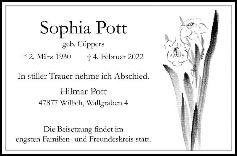  Traueranzeige für Sophia Pott vom 13.02.2022 aus trauer.extra-tipp-moenchengladbach.de