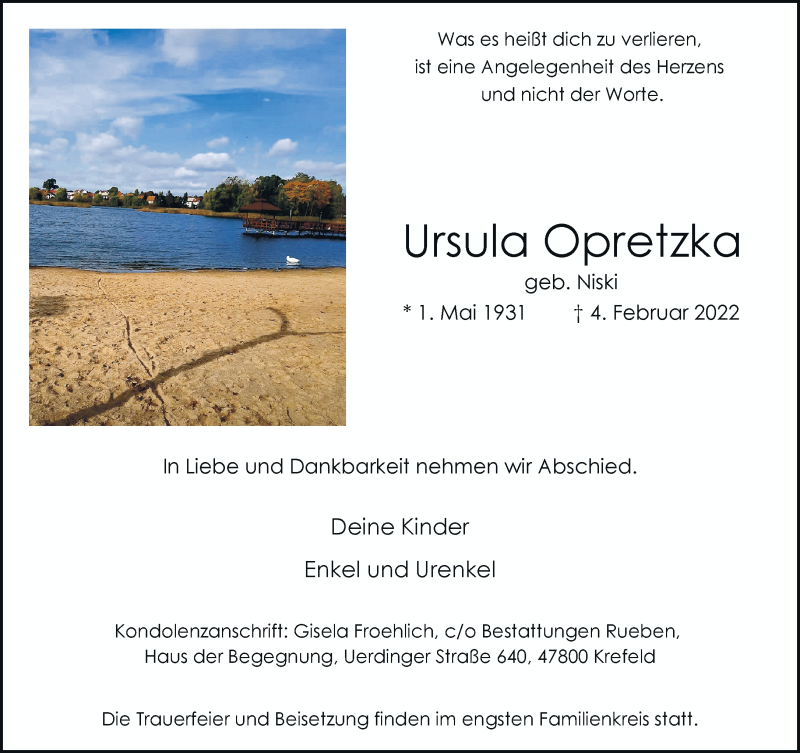  Traueranzeige für Ursula Opretzka vom 13.02.2022 aus trauer.mein.krefeld.de