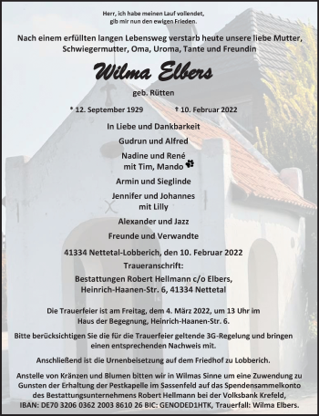 Traueranzeige von Wilma Elbers von trauer.extra-tipp-moenchengladbach.de
