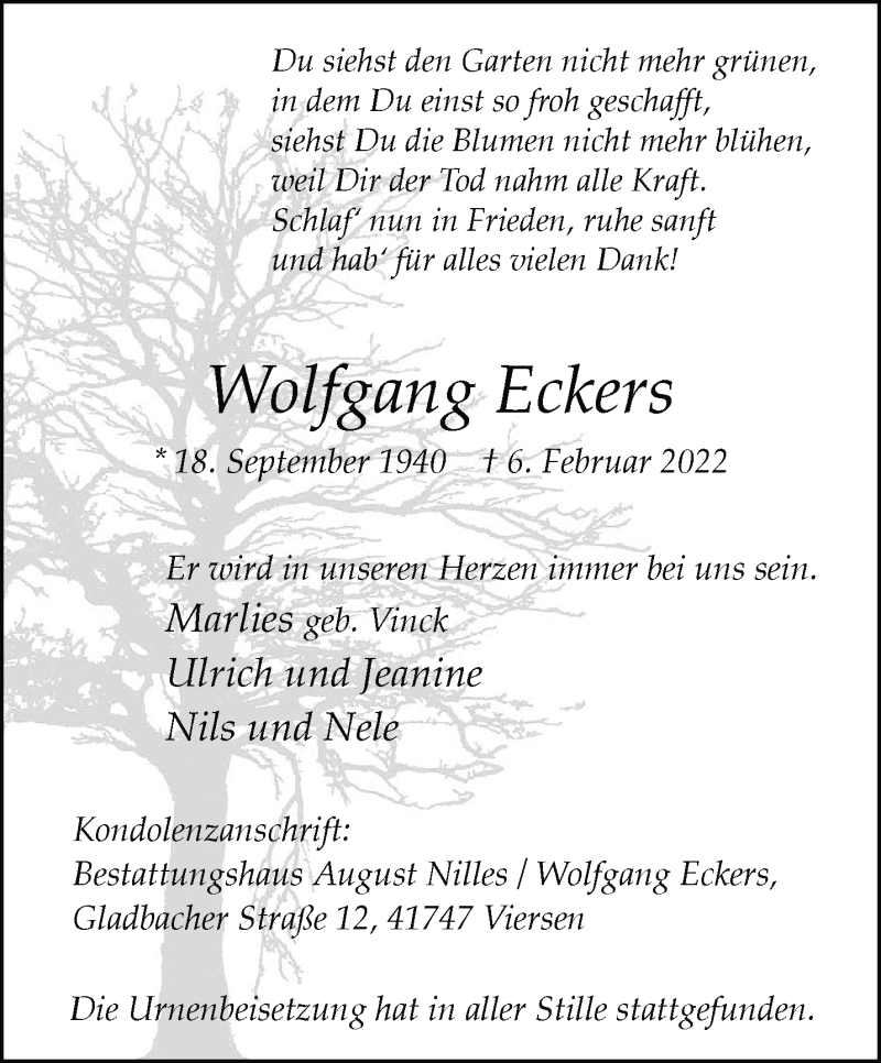  Traueranzeige für Wolfgang Eckers vom 20.02.2022 aus trauer.extra-tipp-moenchengladbach.de