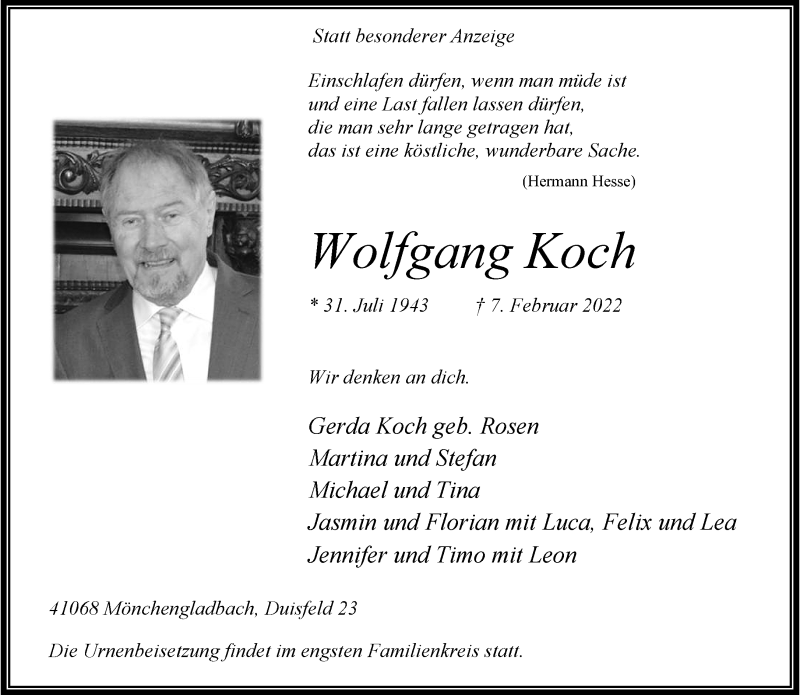  Traueranzeige für Wolfgang Koch vom 13.02.2022 aus trauer.extra-tipp-moenchengladbach.de