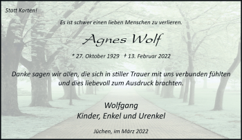 Traueranzeige von Agnes Wolf von trauer.stadt-kurier.de