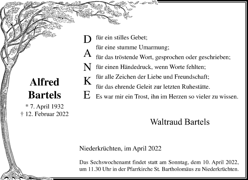  Traueranzeige für Alfred Bartels vom 03.04.2022 aus trauer.extra-tipp-moenchengladbach.de