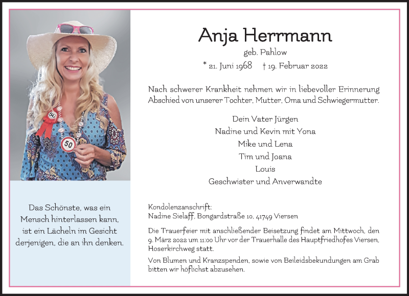  Traueranzeige für Anja Herrmann vom 06.03.2022 aus trauer.extra-tipp-moenchengladbach.de