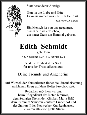 Traueranzeige von Edith Schmidt von trauer.extra-tipp-moenchengladbach.de