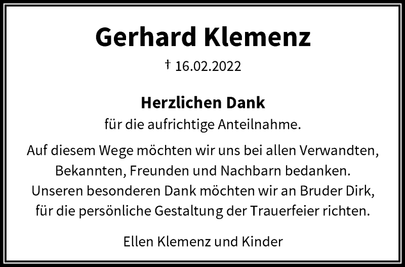  Traueranzeige für Gerhard Klemenz vom 02.04.2022 aus trauer.wuppertaler-rundschau.de