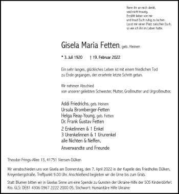 Traueranzeige von Gisela Maria Fetten von trauer.extra-tipp-moenchengladbach.de