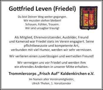 Traueranzeige von Gottfried Leven von trauer.extra-tipp-moenchengladbach.de