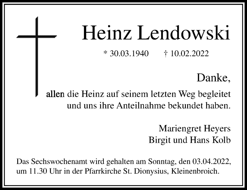  Traueranzeige für Heinz Lendowski vom 27.03.2022 aus trauer.extra-tipp-moenchengladbach.de