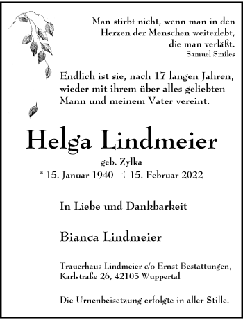 Traueranzeige von Helga Lindmeier von trauer.wuppertaler-rundschau.de