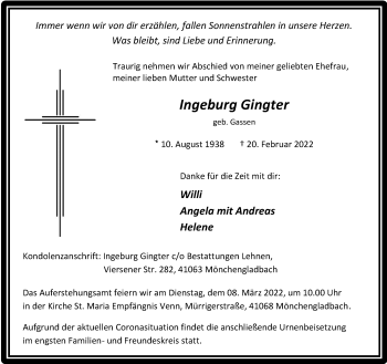 Traueranzeige von Ingeburg Gingter von trauer.extra-tipp-moenchengladbach.de