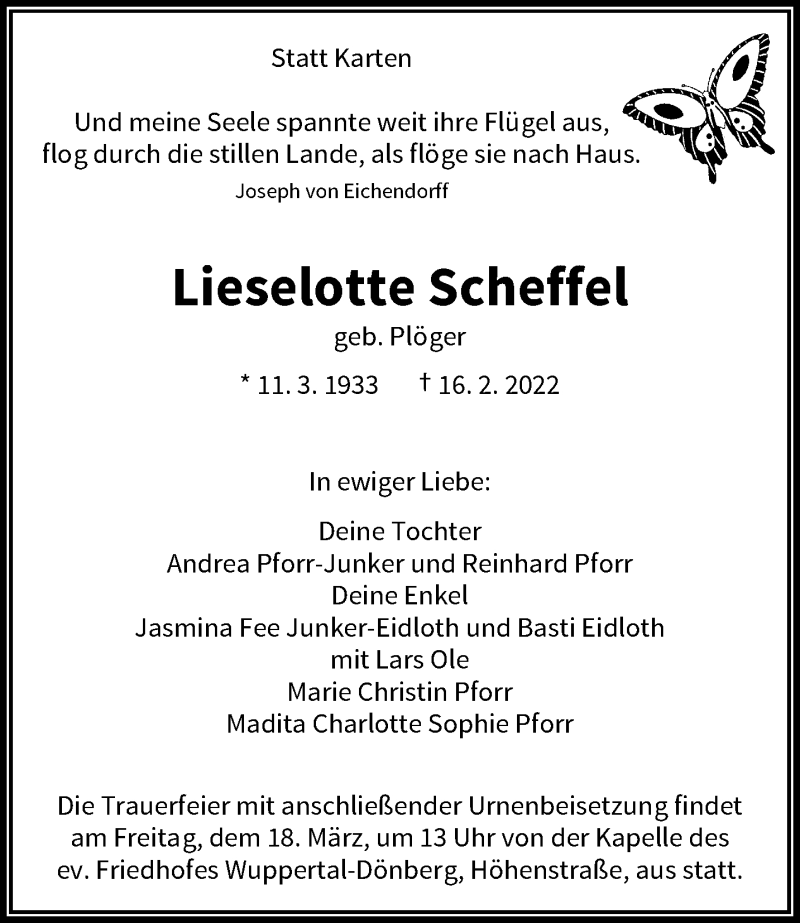  Traueranzeige für Lieselotte Scheffel vom 05.03.2022 aus trauer.wuppertaler-rundschau.de