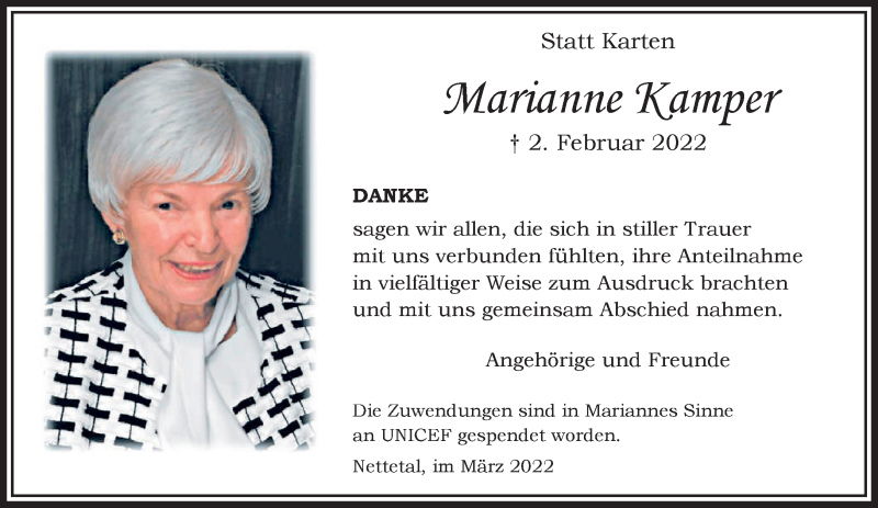  Traueranzeige für Marianne Kamper vom 20.03.2022 aus trauer.extra-tipp-moenchengladbach.de