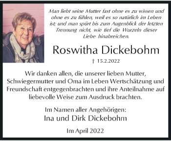 Traueranzeige von Roswitha Dickebohm von trauer.wuppertaler-rundschau.de