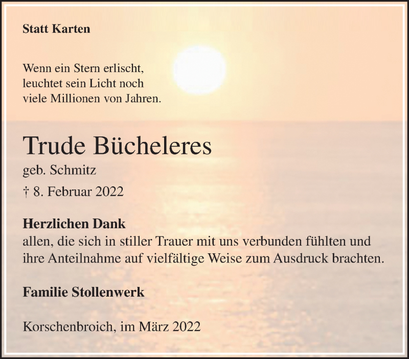  Traueranzeige für Trude Bücheleres vom 06.03.2022 aus trauer.extra-tipp-moenchengladbach.de