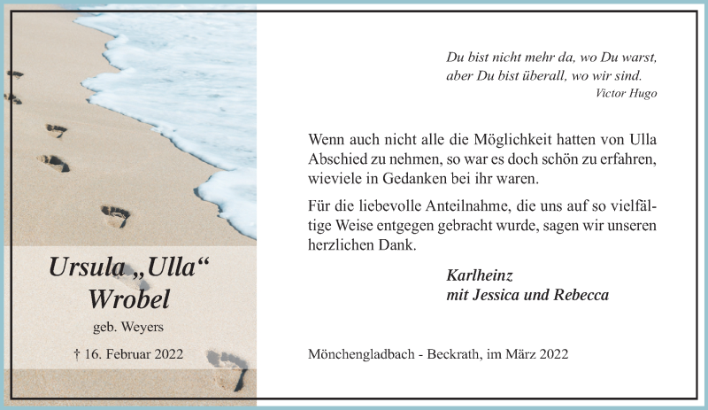  Traueranzeige für Ursula Wrobel vom 27.03.2022 aus trauer.extra-tipp-moenchengladbach.de