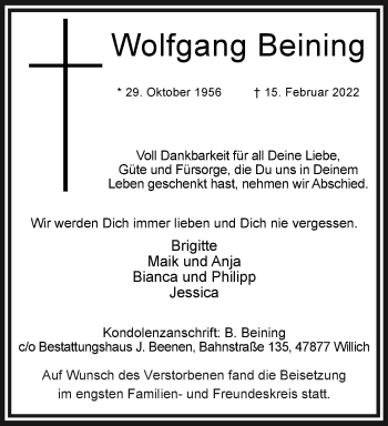 Traueranzeige von Wolfgang Beining von trauer.extra-tipp-moenchengladbach.de