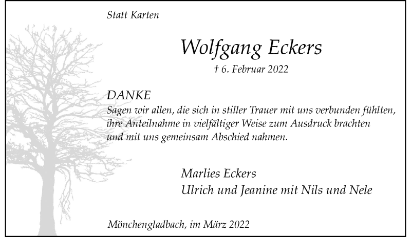  Traueranzeige für Wolfgang Eckers vom 27.03.2022 aus trauer.extra-tipp-moenchengladbach.de