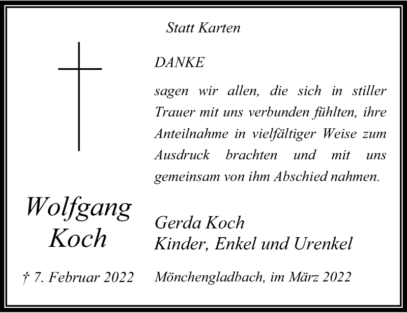  Traueranzeige für Wolfgang Koch vom 06.03.2022 aus trauer.extra-tipp-moenchengladbach.de