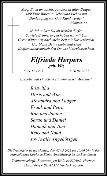 Traueranzeige von Elfriede Herpers von trauer.extra-tipp-moenchengladbach.de