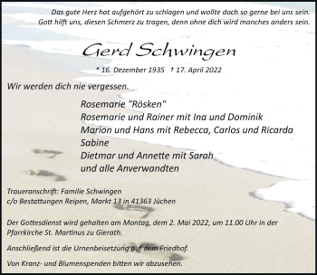 Traueranzeige von Gerd Schwingen von trauer.stadt-kurier.de
