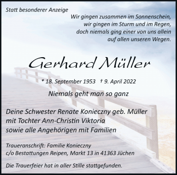 Traueranzeige von Gerhard Müller von trauer.stadt-kurier.de