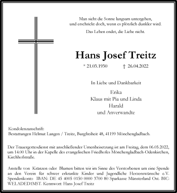 Traueranzeige von Hans Josef Treitz von trauer.extra-tipp-moenchengladbach.de