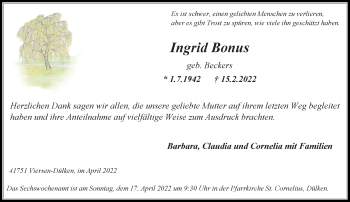 Traueranzeige von Ingrid Bonus von trauer.extra-tipp-moenchengladbach.de