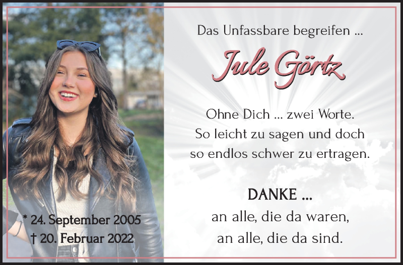  Traueranzeige für Jule Görtz vom 03.04.2022 aus trauer.extra-tipp-moenchengladbach.de