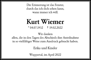 Traueranzeige von Kurt Wiemer von trauer.wuppertaler-rundschau.de