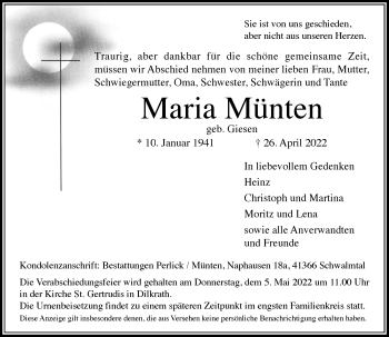 Traueranzeige von Maria Münten von trauer.extra-tipp-moenchengladbach.de