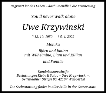 Traueranzeige von Uwe Krzywinski von trauer.wuppertaler-rundschau.de