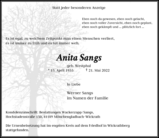 Traueranzeige von Anita Sangs von trauer.extra-tipp-moenchengladbach.de