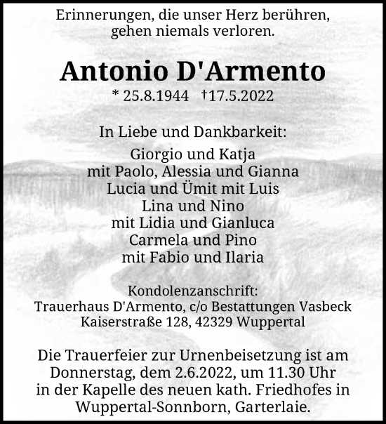 Traueranzeige von Antonio DArmento von trauer.wuppertaler-rundschau.de