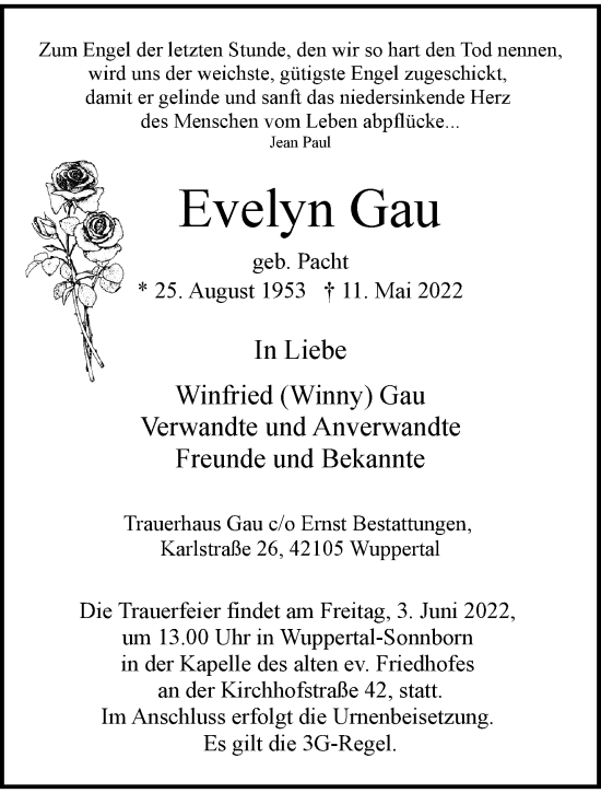 Traueranzeige von Evelyn Gau von trauer.wuppertaler-rundschau.de