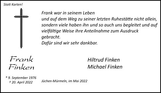 Traueranzeige von Frank Finken von trauer.stadt-kurier.de
