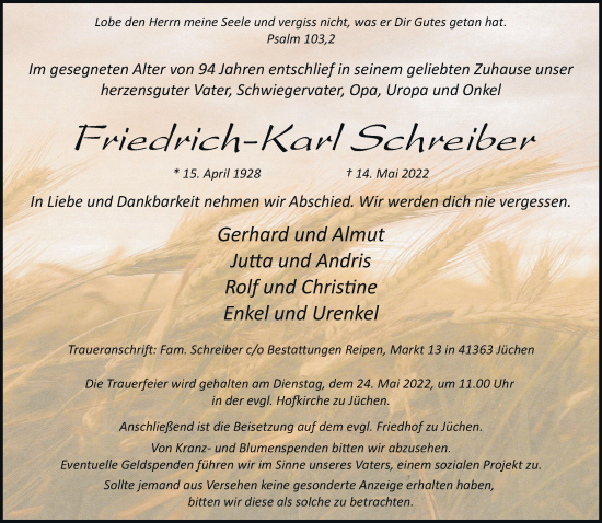 Traueranzeige von Friedrich-Karl Schreiber von trauer.stadt-kurier.de