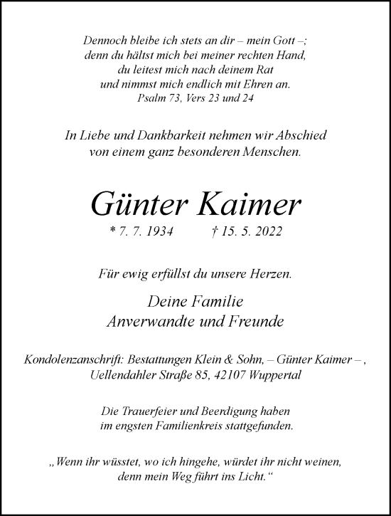 Traueranzeige von Günter Kaimer von trauer.wuppertaler-rundschau.de