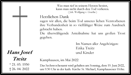 Traueranzeige von Hans Josef Treitz von trauer.extra-tipp-moenchengladbach.de