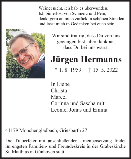 Traueranzeige von Jürgen Hermanns von trauer.extra-tipp-moenchengladbach.de