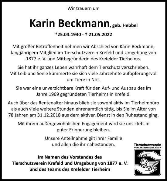 Traueranzeige von Karin Beckmann von trauer.mein.krefeld.de