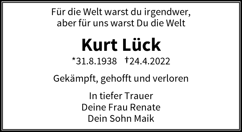  Traueranzeige für Kurt Lück vom 07.05.2022 aus trauer.wuppertaler-rundschau.de