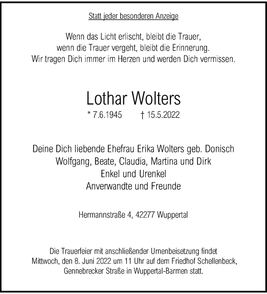 Traueranzeige von Lothar Wolters von trauer.wuppertaler-rundschau.de