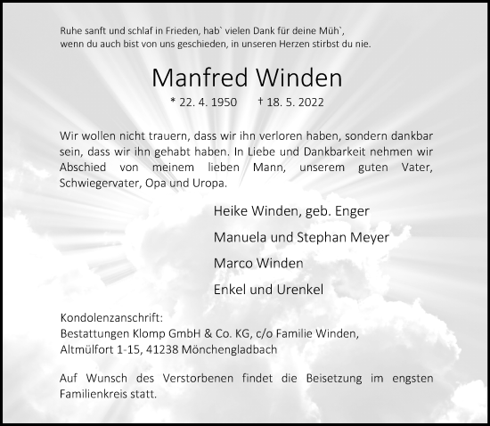 Traueranzeige von Manfred Winden von trauer.extra-tipp-moenchengladbach.de